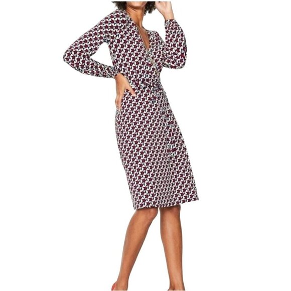Boden Elodie Long Sleeve Midi Wrap Dress Red White Blue Geometric Pattern Size 6 - Picture 1 of 7